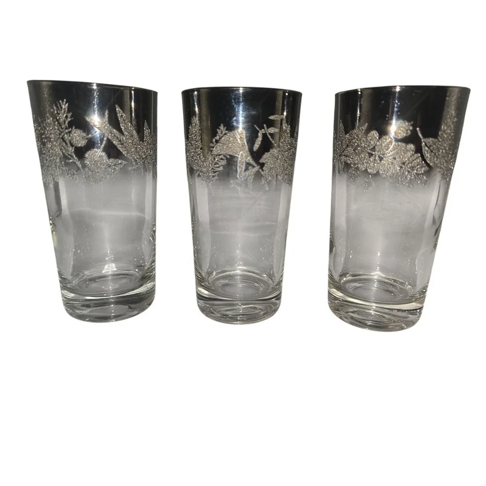 Vintage Silver Rim Highball Glasses Floral Leaf Design Set of‎ 3 Barware